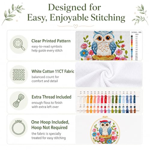 Zhenqing 3-Piece Owl Cross Stitch Kit Stamped Embroidery Kit 11CT Printed Aida Cloth 24x24cm DIY Needlework Set with Hoop, Thread, Needle & Tools Beginner Embroidery Kit for Home Wall Decor Gift