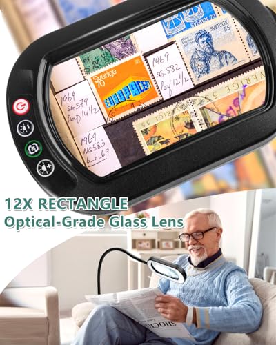 IVMAIE 12X Rectangle Magnifying Glass with Light and Stand, Real Glass Lens - color: Black