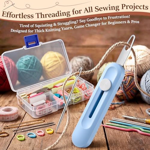 Gulfmew All in One Knitting Kit with Automatic Needle Threader, Sewing Accessories Set with Scissors, Stitch Markers & Portable Storage Case, Easy Threading Tool for Beginners, Crochet & DIY Crafts