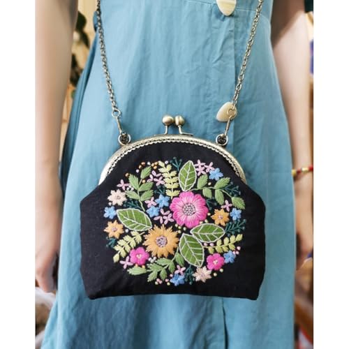 Eforcase Flower Embroidery Kit Tote Bag, Embroidery Coin Purse Kits Handbag Hand Embroidery Kit for Adults Beginner with Embroidery Patterns, Embroidery Hoop,DIY Sewing Kit - color: flower