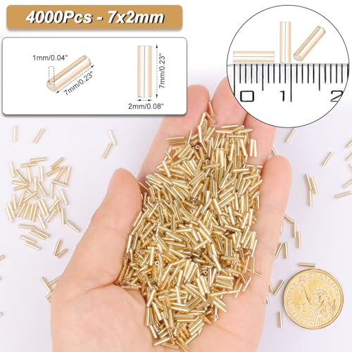 4000 Pcs Gold Glass Bugle Beads, 2 x 7 mm Embroidery Beads, Small Long Tube Seed Beads for Embroidery Craft Jewelry Making - color: Gold