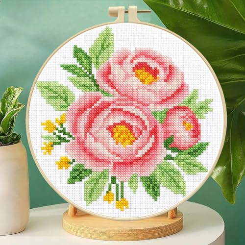 Zhenqing Pink Peony Cross Stitch Kit for Beginners - Complete Set with Pre-Printed 11CT 24x24cm Fabric, Hoop & Threads(70357) - color: 70357