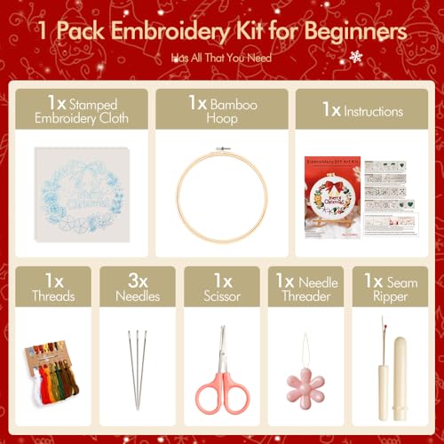wtisan Christmas Embroidery Kit, Cross Stitch Kits for Beginners, Needlepoint with All Tools & Instructions, Stamped Hand Embroidery Starter Kit for Holiday Crafts & Xmas Home Decor, W14 - color: W14, size: 1 Pack