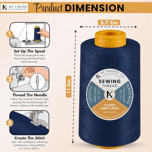 AK TRADING CO. 4-Pack Navy Blue All Purpose Sewing Thread Cones (6000 Yards Each) of High Tensile Polyester Thread Spools for Sewing, Quilting, Serger Machines, Overlock, Merrow & Hand Embroidery - color: NAVY BLUE