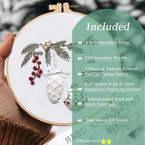 FONNUY Crewel Christmas Embroidery Kit for Beginners, Cross Stitch Set Winter Snow Scene Pine Owl Pattern for Adults, Easy to Follow Color Thread Needlework, 8'' Hoop (Holly Bauble) - style: Holly Bauble