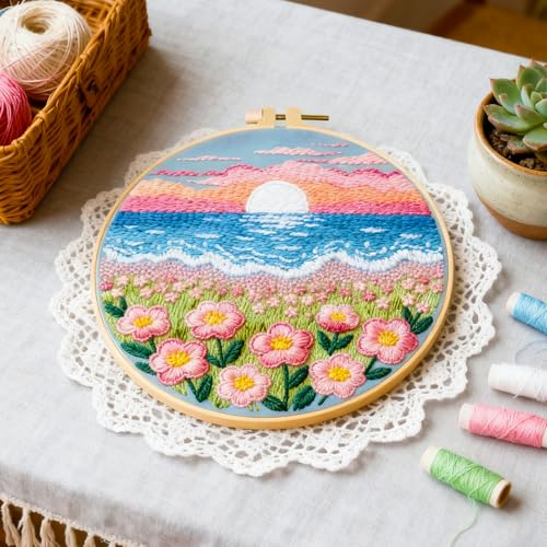 BEUNITONE 6 Set Flower Sea Starter Embroidery Kit with Pre-stamped Pattern Needlepoint Craft Kits with Embroidery Hoops Complete DIY Handmade Cross Stitch Set for Home Decor and Festival Gifts 20x20cm - style: Sea of Flowers