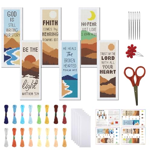 FREEBLOSS 11CT 6 Set Cross Stitch Bookmark Kit Landscape Stamped Embroidery Bookmark Kit with Instructions 6 Back Felt Bookmarks Making Set for Adults Book Lovers, 8"x2.4" - style: Minimalist Landscape