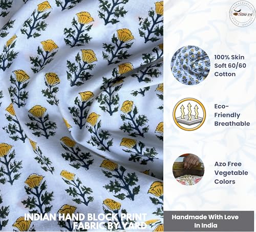 100% Cotton Fabric by the Yard, Hand Block Print Fabric for Sewing RB-116 - color: Rb-116 Yellow, size: 1 Yard pre cut