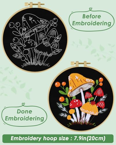 ERKOON Embroidery Kit for Beginners, Flower Cross Stitch Set for Include Embroidery Cloth Hoops Threads for Craft Lover Hand Stitch with Embroidery Skill Techniques (Mushroom) - color: Mushroom