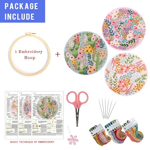 LB Pink Floral Embroidery Kit for Beginners Adults, 3 Sets Hand Embroidery Starter Kit with Cactus Flower Pattern and Instructions Stamped Cross Stitch Kits Include Embroidery Hoop Needles Threads - color: Pink Green