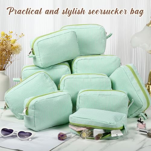Sanwuta 10 Pcs Seersucker Cosmetic Bag Seersucker Makeup Bag Women Stripe Large Travel Toiletry Organizer Preppy Storage Pouch for Embroidery Wedding Bridesmaid Bride Mom (Green) - color: Green