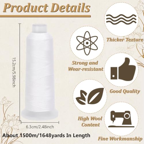 42S/2 Wool Embroidery Thread 1500m Wool & Acrylic Fibers Embroidery Floss Hand Sewing Thread Sewing Machine Kit Needlepoint Thread for Sewing DIY Craft Cross Stitch Threads (White) - color: White