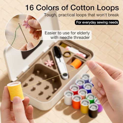 QUARDINE Sewing Kit Box 40 Pcs, Magnetic Needle Storage, Cream - color: Cream