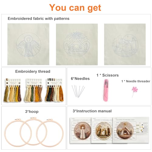 Myfelicity Embroidery kit,Handmade Nativity Scene Embroidery Hoop Art Set, Religious Christmas Theme, 3-Piece Collection with Angels and Manger Scene in Natural Earth Tones (60035-60037-60038) - color: 60035-60037-60038