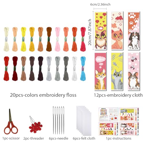 FREEBLOSS 12 Set Cross Stitch Bookmark Kits Colorful Pet Pattern Stamped Cross Stitch Kit 11CT Embroidery Kit with Instructions for Beginners 8 * 2.4inch - style: Simplified Animals