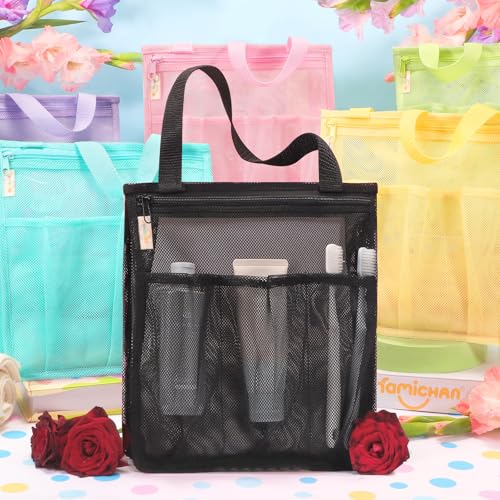famichan Portable Mesh Shower Caddy, Gym Travel Camp Dorm Room Essentials for College Student Boy Girl, Bathroom Shower Bag - Black - color: Black