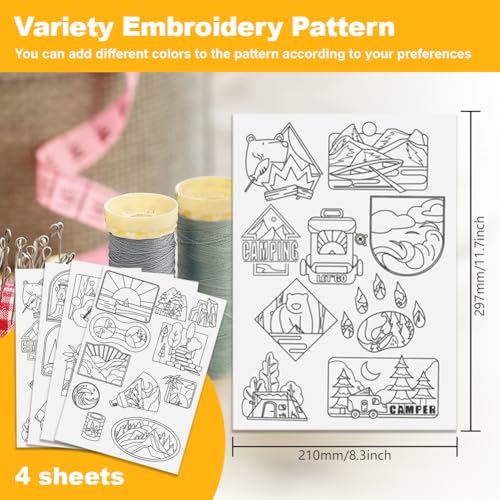 4 Sheets Water Soluble Embroidery Stabilizers 11.69x8.27 Inches Camping Themed Stick and Stitch Embroidery Paper Adhesive Embroidery Transfer Paper for Shirts Coats Bags - style: Camping