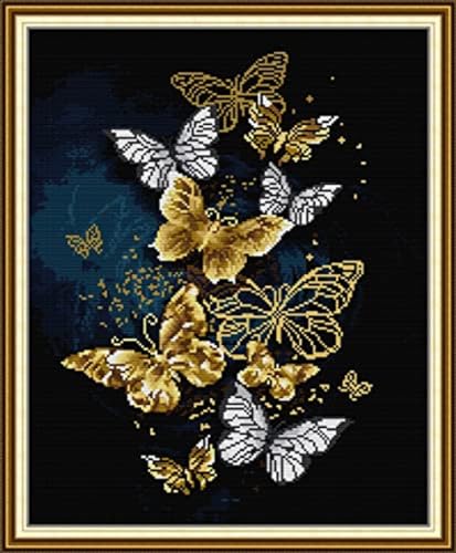 Rosyfoxes Cross Stitch Kits Stamped Full Range of Embroidery Starter Kits for Beginners DIY 14CT 2 Strands -Printed kit Golden Butterfly (Printed) 15.8×18.5inches - color: Golden butterfly (printed) 15.8×18.5inches