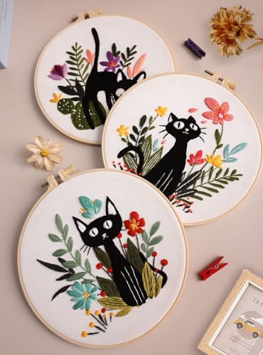 Konrisa 3pcs Embroidery Kits for Beginners Creative Black Cat and Flower Pattern Cross Stitch Practice Kit DIY Sewing Needlepoint, Include 1pcs Hoop - color: black cats