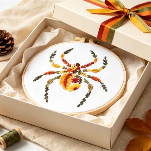 Fall Spider Embroidery Kits for Beginners Adults, Autumn Halloween Embroidery Starters Kits, Stamped Cross Stitch Kits Needlepoint Kits for Beginners Adults, Embroidery Hoop, Thread and Video Tutorial - color: H2128