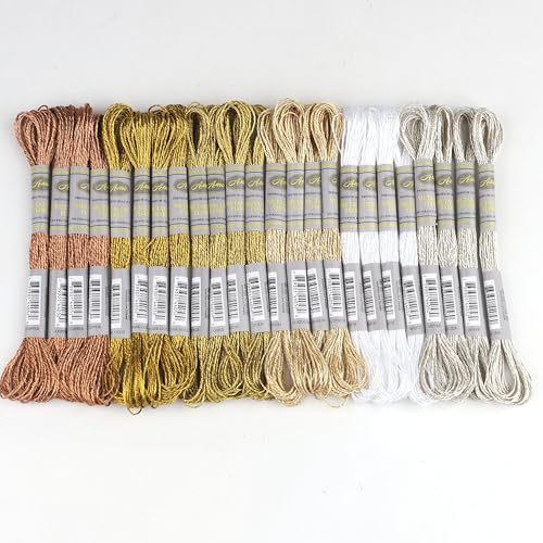 24 Skeins Set (6 Colors*4 Skeins) Metallic Embroidery Floss Glittery Metal Effect Shinny Cross Stitch Thread for Hand Embroidery, Sewing and DIY Handmade Artwork (Metallic Color) - color: metallic color