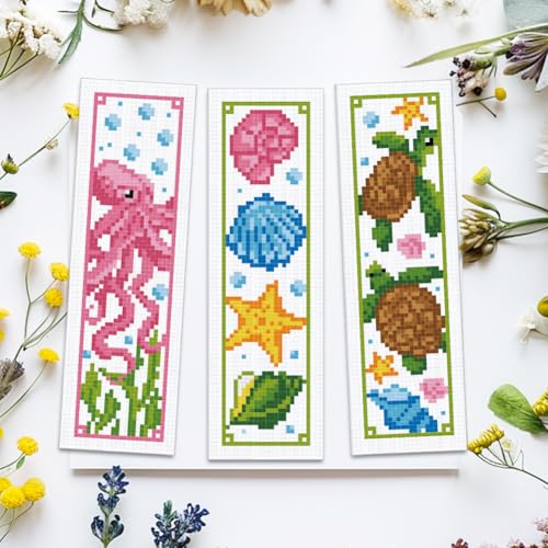 ACRNIGHEET 6PCS Cross Stitch Bookmark Kits Marine Animals Pattern Stamped Cross Stitch Kits for Beginners Adults DIY Stamped Embroidery Bookmarks with Instructions Hand Embroidery Craft Gift 11CT - style: Marine animal patterns