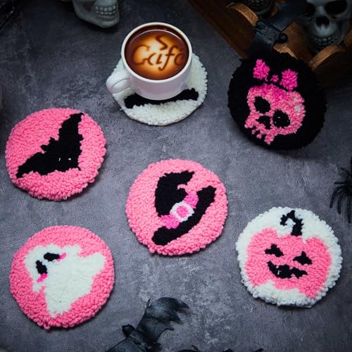 Yaomiao 6 Pcs Halloween Punch Needle Coaster Kit for Beginners Adults - style: Cute Halloween