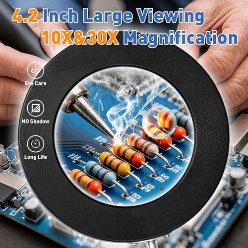 HITTI 30X 10X Magnifying Glass with Light, 1800 Lumens Stepless Dimmable - color: Black, size: 10X 30X 9.06 INCH Base & Clamp