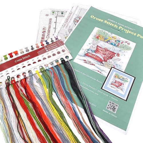 Howie's Needlepoint Cross Stitch Kits, 11CT Pre-Printed Pattern Needlepoint Kits, Full Range of Stamped Starter Kits (The Rabbit in The Christmas Boots, 10.6 x 15.4 Inch) - color: The Rabbit in The Christmas Boots