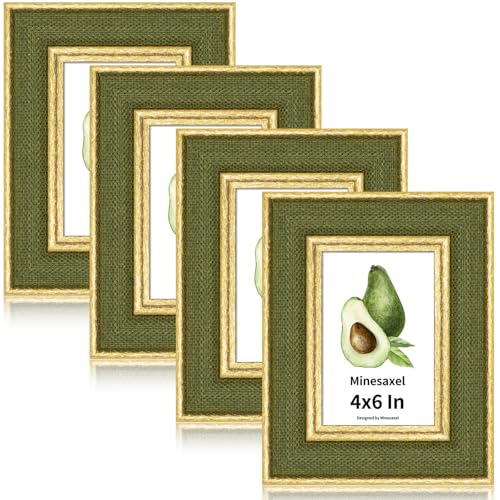 4x6 Picture Frame - Green Fabric & Vintage Gold Border HD Real Glass with Easel for Tabletop/Wall (Family Photos, Cabin Decor 4 Pack) - color: Green-4pcs, size: 4x6