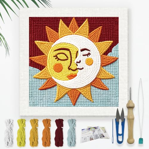 Doodlream Sun and Moon Needle Kit for Beginner, 9.4"x 9.4" Cartoon Face Punch Stitching Craft Set, Color DIY Embroidery Starter with Printed Frame, Instruction, Threader, Yarn, Pinch Needle - color: Sun and Moon