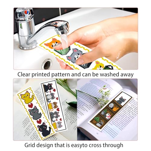 Zhenqing Bookish Cat Stamped Cross Stitch Bookmark Kit, 6 Cute Kitten Bookshelf and Mug Designs on 11CT Printed Fabric for Adults and Beginners, DIY Reading Gift for Cat and Book Lovers - color: Cat-Themed Bookmarks