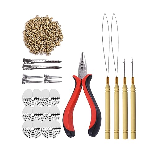 500 Pcs Silicone Micro Rings Hair Extensions Tools Kit: Three-hole Hair Pliers, Pulling Hook Needle, Loop Threader and Silicone Micro Links Rings Beads (Dark blonde) - color: Dark blonde, size: 500 Count