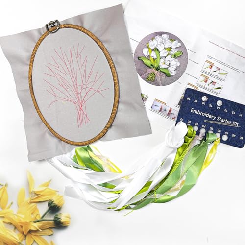 FONNUY Ribbon Embroidery 3D Flowers Pattern Design Kit Embroidery DIY Handwork Set Oval Home Decoration (White Tulip) - style: White Tulip
