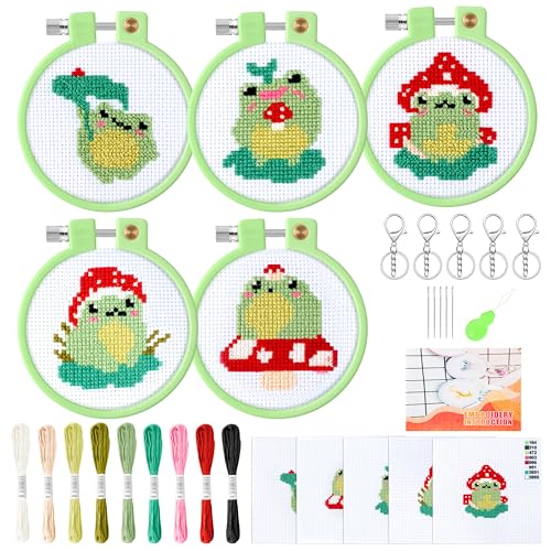 WATINC Beginners Embroidery Kits - 9PCS DIY Keychain with Mushroom Frog Cross Stitch Beginner Kit for Kids Needle Point Starter Kit Sewing Set with Instructions for Children Adults