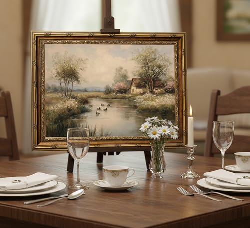 Gold Framed Vintage Cottage Canvas Wall Art Farmhouse French Country Duck Pond Landscape Painting Pictures Wall Decor Posters Prints Artwork for Bedroom Gallery Office Home Decoration - color: Pond, size: 11"L x 9"W