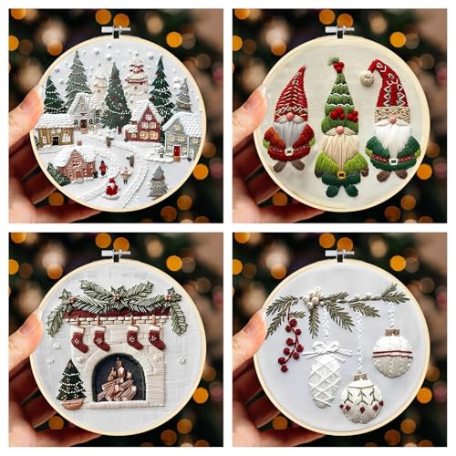 Christmas Embroidery Kit for Adults and Beginners, Christmas Gnomes Embroidery Kits Cross Stitch Kits with Pattern, Cotton, Threads, Needles & Instruction (4Pcs D) - color: 4 Pcs, Stocking+Fireplace+Nativity Manger+Holly