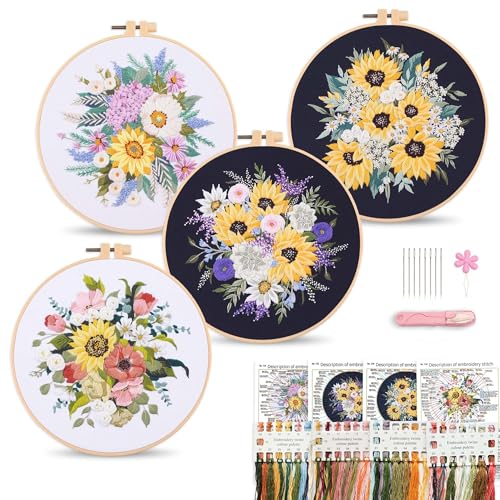 Harimau Adult Beginner Embroidery Starter Kit, Complete Set with 4 Patterns, 2 Hoops, Needles, Scissors, Instruction Guide & Stitching Video Tutorials - color: Floral Pattern