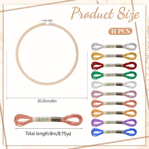 KALIONE 10 Skeins Embroidery Floss with 1 Pcs 8 Inch Round Embroidery Hoop Frame, 10 Colors Metallic Polyester Threads, Circle Imitated Wood Display Frame for DIY Embroidery Crafts (8 m 12 Strands)