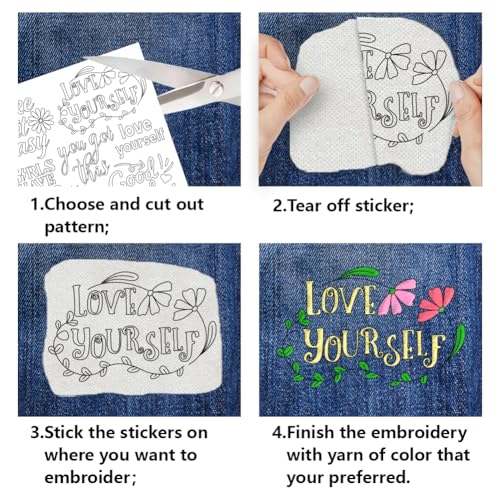 4 Sheets Water Soluble Embroidery Patterns Stabilizers, Embroidery Stick and Stitch Paper with Pre-Printed Incentive Phrases for Hand Sewing Lover Beginners - style: Incentive Phrases