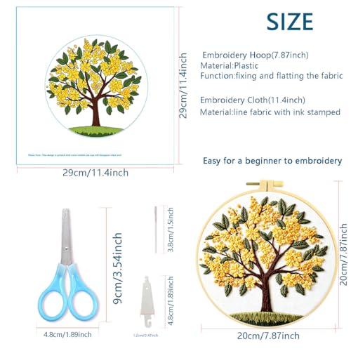 Zhenqing Osmanthus Tree Embroidery Kit for Beginners, Sweet Olive Blossom Craft Set with 20cm Hoop, Printed Design on 29x29cm Cotton Fabric, DIY Nature Wall Art (JCD0100)