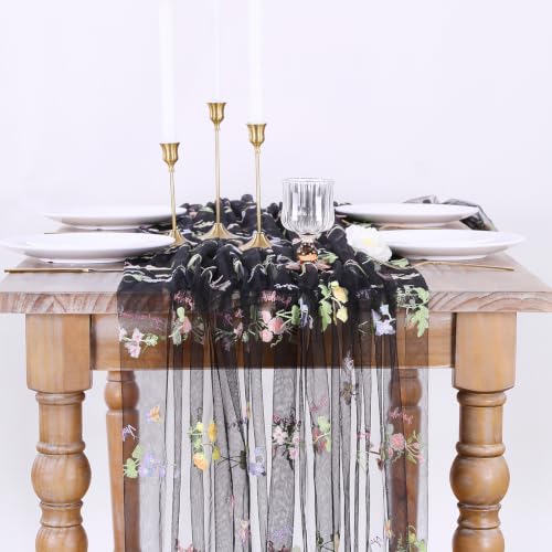 Black Floral Gauze Table Runner 10ft Embroidery Tulle Spring Wildflower - color: Black, size: 27"x120",1pc