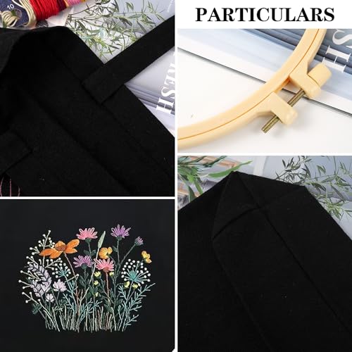 Canvas Tote Bag Embroidery Kit with Pattern, Beginner Embroidery Kits for Adults, Arts and DIY Crafts Embroidery Starter kit, Include Stamped Embroidery Bag, Embroidery Hoops, Color Threads and Tool. - color: Black With Floral