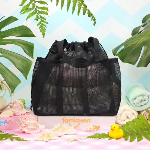 famichan Mesh Shower Caddy Portable with Drawstring, Dorm Room Essentials for College Students boy & girl, Larger Shower Bag for Camping,Swimming,Gym,Travel,Bathroom - Black - color: BLACK