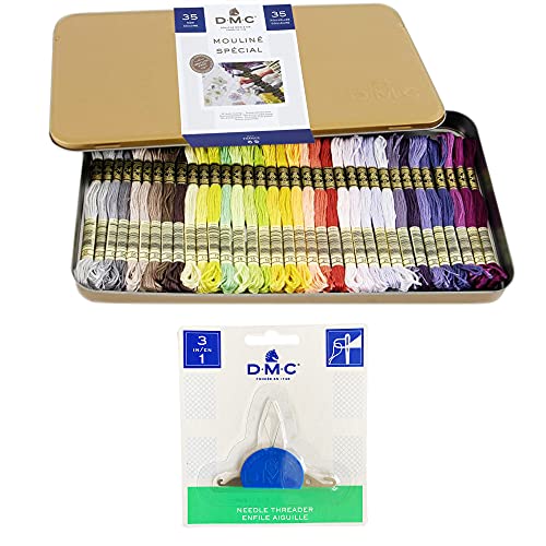DMC Embroidery Floss 35 Color Collector's Tin Bundle with Needle threader.