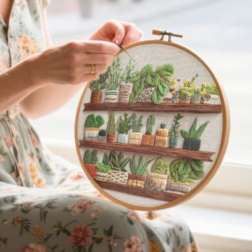FONNUY Green Plant Embroidery Kit, Petite Potted Plants Patterns, Cross Stitch Kits for Adults and Beginners, Handmade Crafts with Printed Pattern Set, Thread Needlework, 8'' Hoop (Greeen A02) - color: Greeen A02