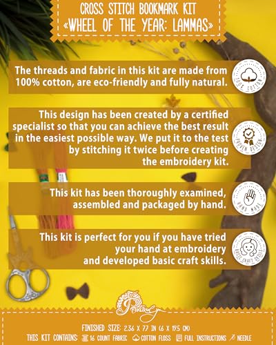 Povitrulya Counted Cross Stitch Kit “Lammas/Lughnasadh“ – DIY Bookmark Embroidery Set for Adults & Beginners, First Harvest Pagan Celtic Rustic Seasonal Autumn Gift - color: Lammas/Lughnasadh