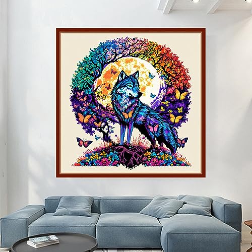 Dimensean Stamped Cross Stitch Kits Full Range of Embroidery Patterns Starter Kits for Beginners Adult DIY Cross Stitches Needlepoint Kits 11CT-Wolf Wreath 17.7x17.7 inch - color: Pattern Style 04