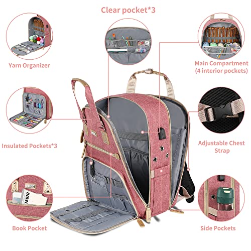 SINVICKO Crochet Bag, Knitting Bag Backpack and Totes Organizer with USB Charging Port, Large Yarn Storage Tote Bag - color: Pink