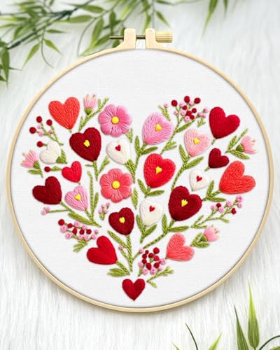 ERKOON Embroidery Kit for Beginners Adult, Flower Cross Stitch Set Include Embroidery Cloth Hoops Threads for Craft Lover Hand Stitch with Embroidery Skill Techniques (Heart) - color: Heart